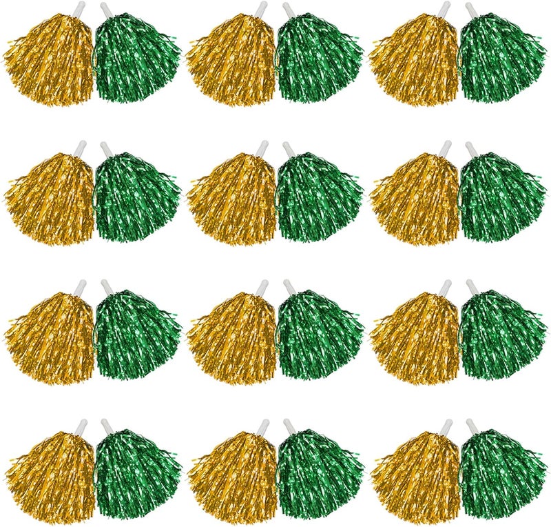 DILIBRA 24 Pcs Metallic Cheerleading Pom Poms for Kids, Cheerleaders Cheer Pom Poms with Baton Handle, Cheering Squad Hand Flower for Adults Team Spirit Sports Game Dancing Party - Image 1